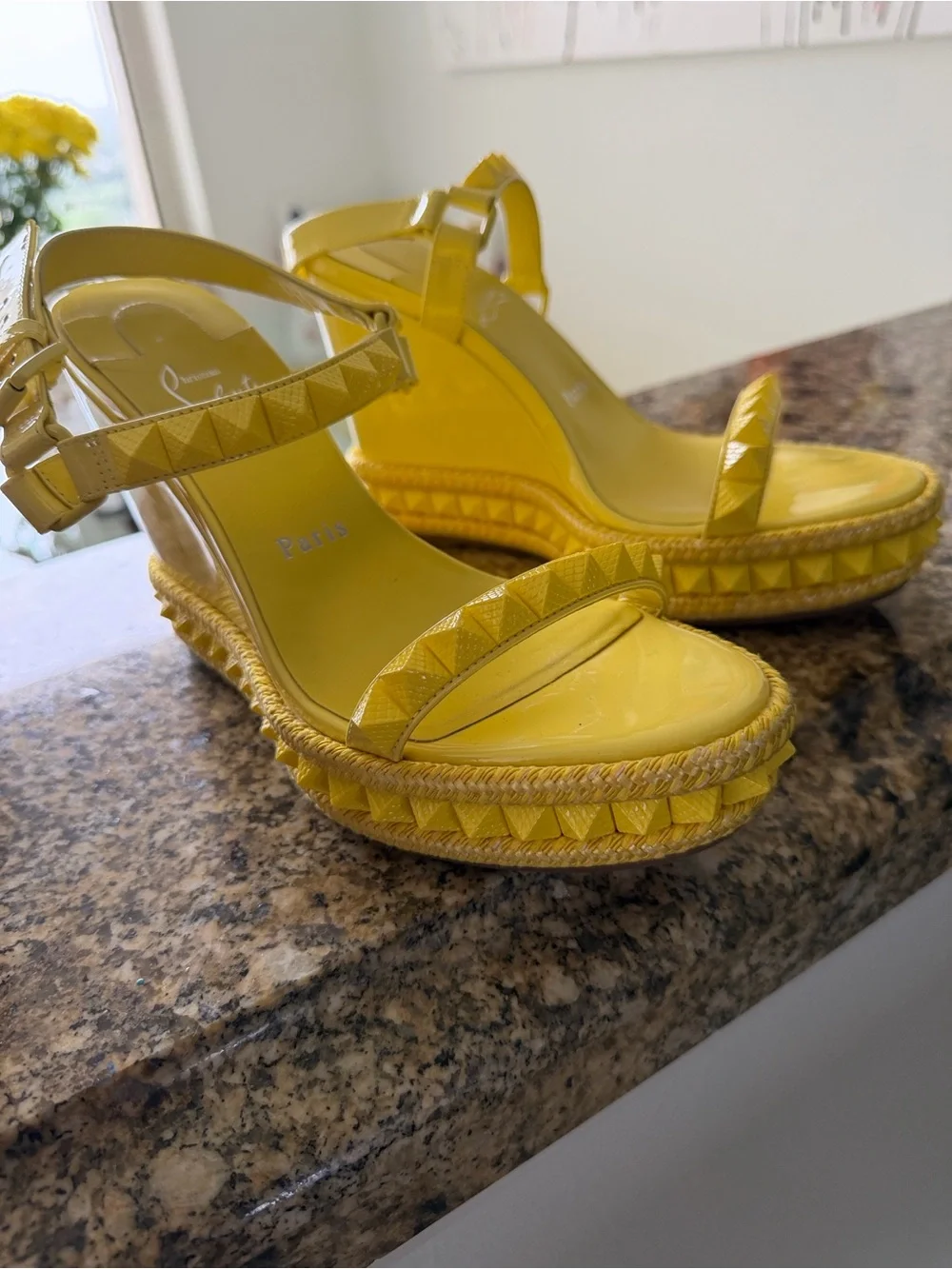 Christian Louboutin Yellow Pyramid-Stud Espadrille Wedges